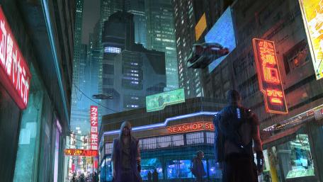 Cyberpunk city street wallpaper