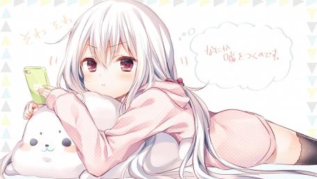 Kawaii Anime Girl Texting with Plush Companion wallpaper