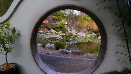 Serene Garden View Through Circular Window wallpaper