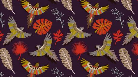 Parrots leaves and feathers pattern wallpaper