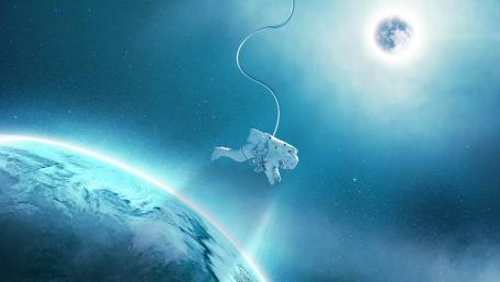 Spacewalk in the blue space wallpaper