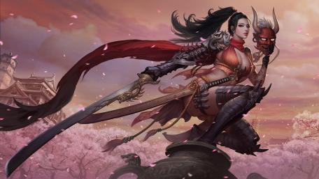 Demonic woman warrior with devil mask wallpaper