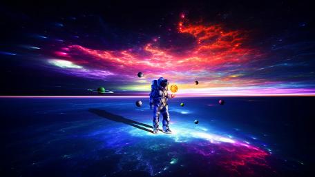 Astronaut plays with planets wallpaper