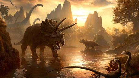 Dinosaurs at the watering hole wallpaper