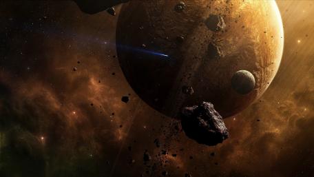 Majestic Planetary Vista with Asteroids and Meteors wallpaper