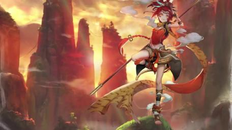 Mystical Anime Warrior in Sunset Realm wallpaper