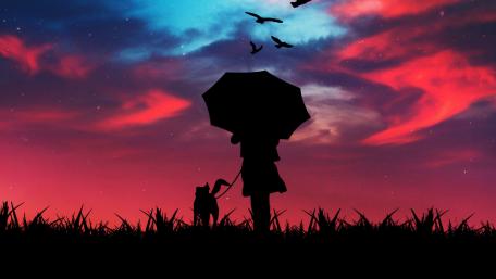 Walk with a dog at dusk wallpaper