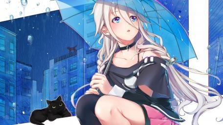 Anime girl with an umbrella on a rainy night wallpaper