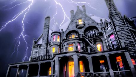 Craigdarroch Castle with lightning strikes wallpaper