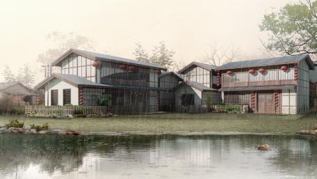 3D lakeside house in the rain wallpaper