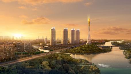 Fantasy City at Sunset Skyline Reflections wallpaper