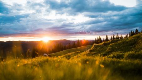 Golden Sunrise Over Serene Hillside Scene wallpaper