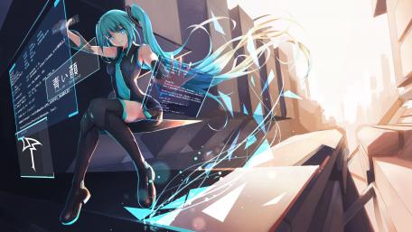 Hatsune Miku with computers wallpaper