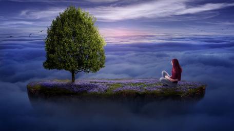 Lone girl on a floating island in heaven wallpaper