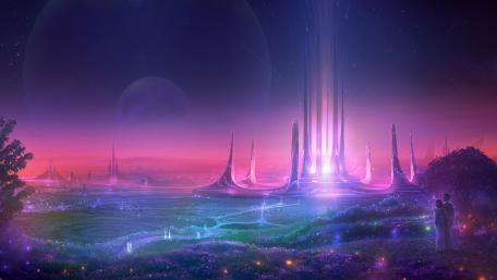 Futuristic Purple Fantasy City by Night wallpaper