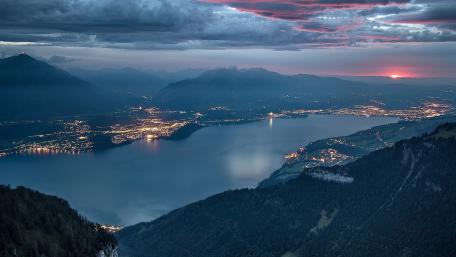 Evening Panorama of Lake and City Lights wallpaper