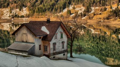 Lakeside house in a valley wallpaper
