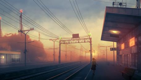 Railway station anime art wallpaper