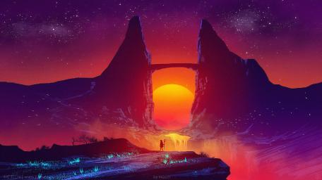 Synthwave sunset landscape wallpaper