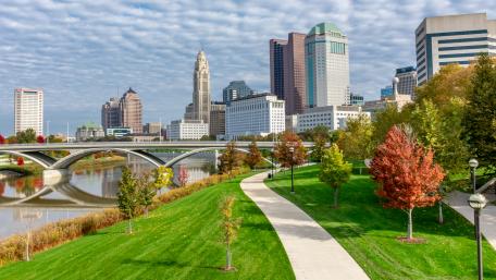 Autumn in the City by the River wallpaper