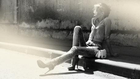 Girl on the walkway black and white photo wallpaper