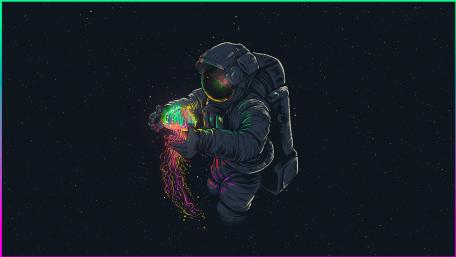 Cosmonaut with neon jellyfish digital art wallpaper