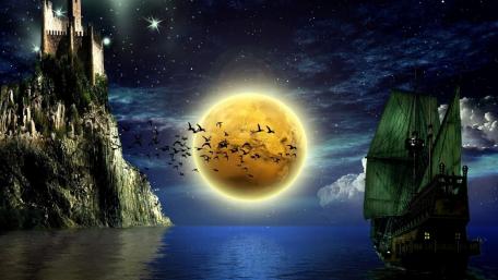 Sailing ship in the full moon wallpaper