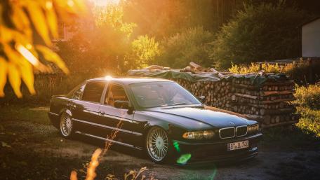 Black BMW Sedan park near pile of Firewoods wallpaper
