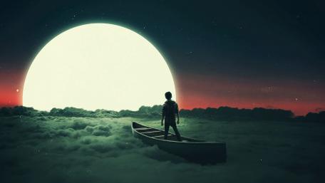 Boating on the sea of clouds at full moon wallpaper