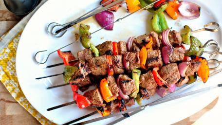 Grilled Meat and Veggie Skewers Delightful Feast for Summer Gathering wallpaper