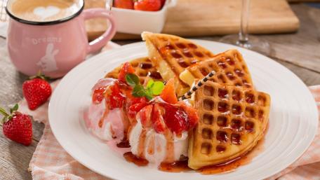 Delicious Waffles with Strawberries and Ice Cream wallpaper