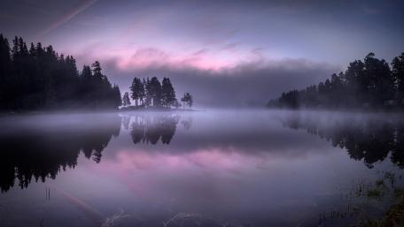 Tranquil Misty Dawn Over Serene Lake wallpaper
