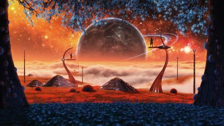 Mystical Autumn Evening Under a Giant Moon wallpaper