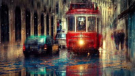 Misty Urban Track with Cable Car wallpaper
