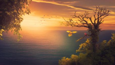 Parrots in a Dreamy Sunset Oasis wallpaper