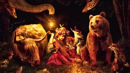 Animals around a little girl with viola in the night forest wallpaper