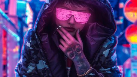 Neon girl with tattoed hand wallpaper