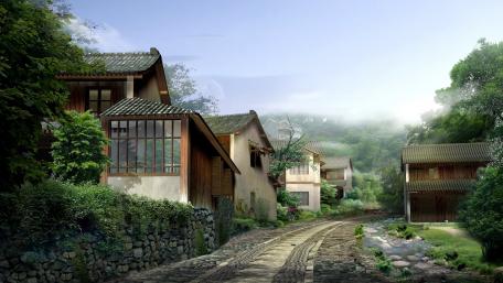 Quaint Village Serenity in Nature's Embrace wallpaper