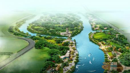 Magical Fantasy Landscape with Serene River and Village wallpaper