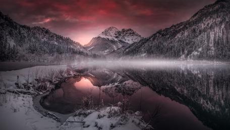 Snow-Capped Mountains with Pink Sky Reflection wallpaper