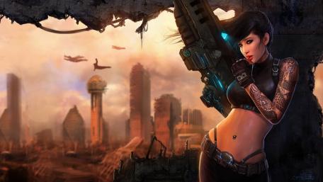 Cyber Warrior in Dystopian Sunset wallpaper