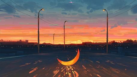 Yellow Moon at Road wallpaper