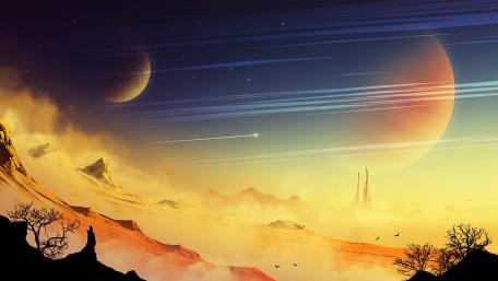 Otherworldly Sunset Over Alien Terrain wallpaper