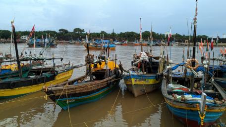 Serene Harbor with Colorful Fishing Boats wallpaper