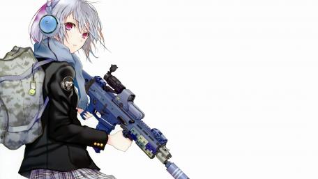 Anime Girl with Headphones and Firearm wallpaper