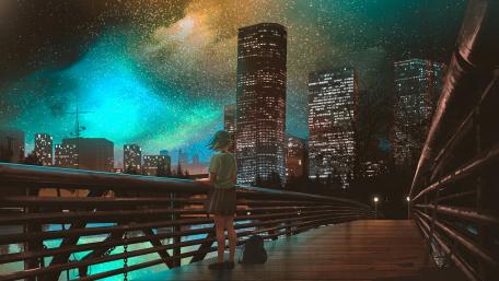 Lone girl in the night city anime art wallpaper