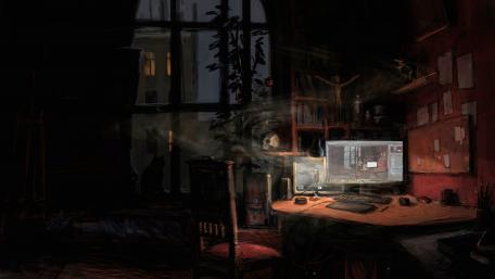 Dark room with computer wallpaper
