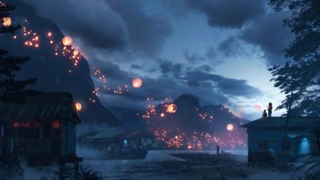 Twilight Lantern Festival in a Chinese Village wallpaper