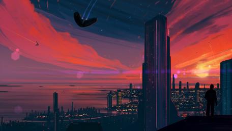 Neon Skies Over Futuristic Metropolis wallpaper