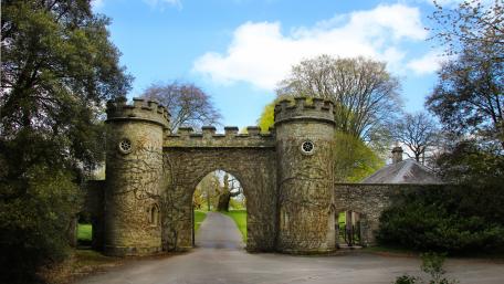 Majestic Castle Gateway Surrounded by Nature wallpaper